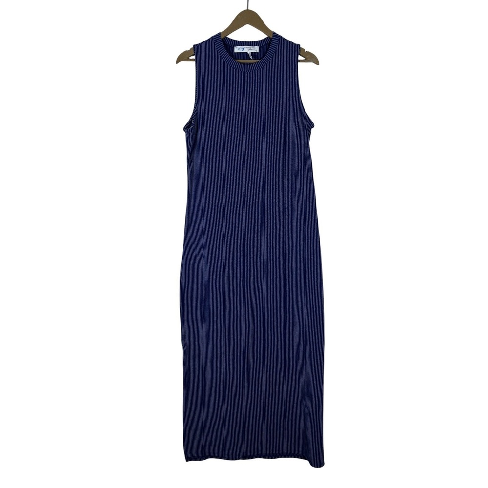 Grace Sleeveless Ribbed Striped Midi Column Dress Navy Blue Minimalist Size L